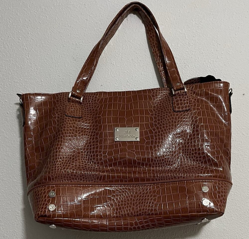 JM New York Brown Crocodile Pattern Patent Tote Zip Closure Silver Hardware